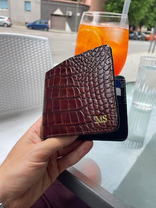 Portafoglio mod. "Esemplare" in vera pelle di Coccodrillo Personalizzabile - Marrone