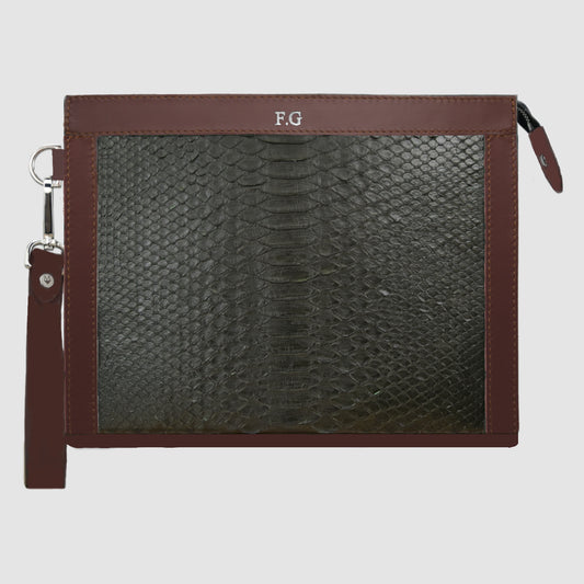 Men's pochette clutch bag in genuine python leather Customizable with initials - Military Green and Brown