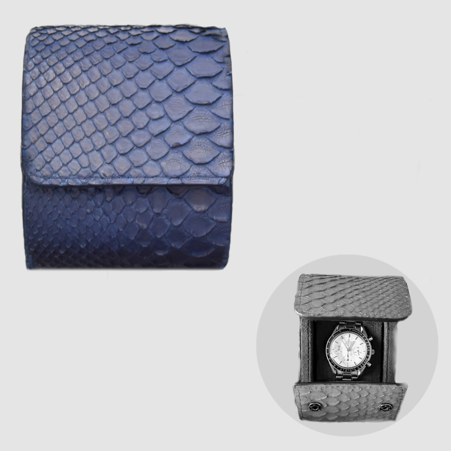 Portaorologio Watch Roll in Pelle di Pitone Blu Navy Personalizzato