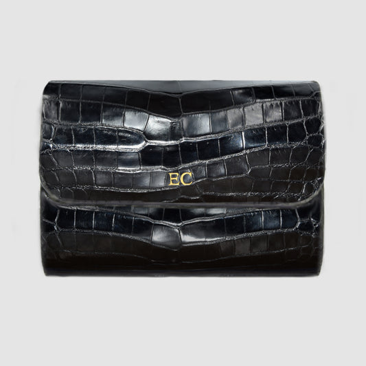 Customizable Genuine Crocodile Leather Watch Roll Watch Case for 2 Watches - Black