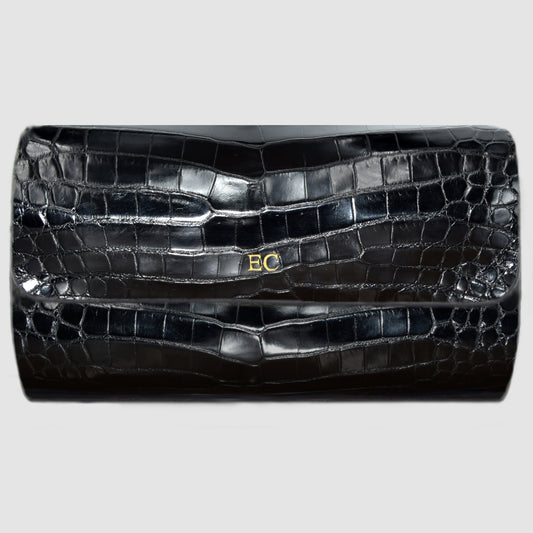 Customizable Genuine Crocodile Leather Watch Roll Watch Case for 3 Watches - Black