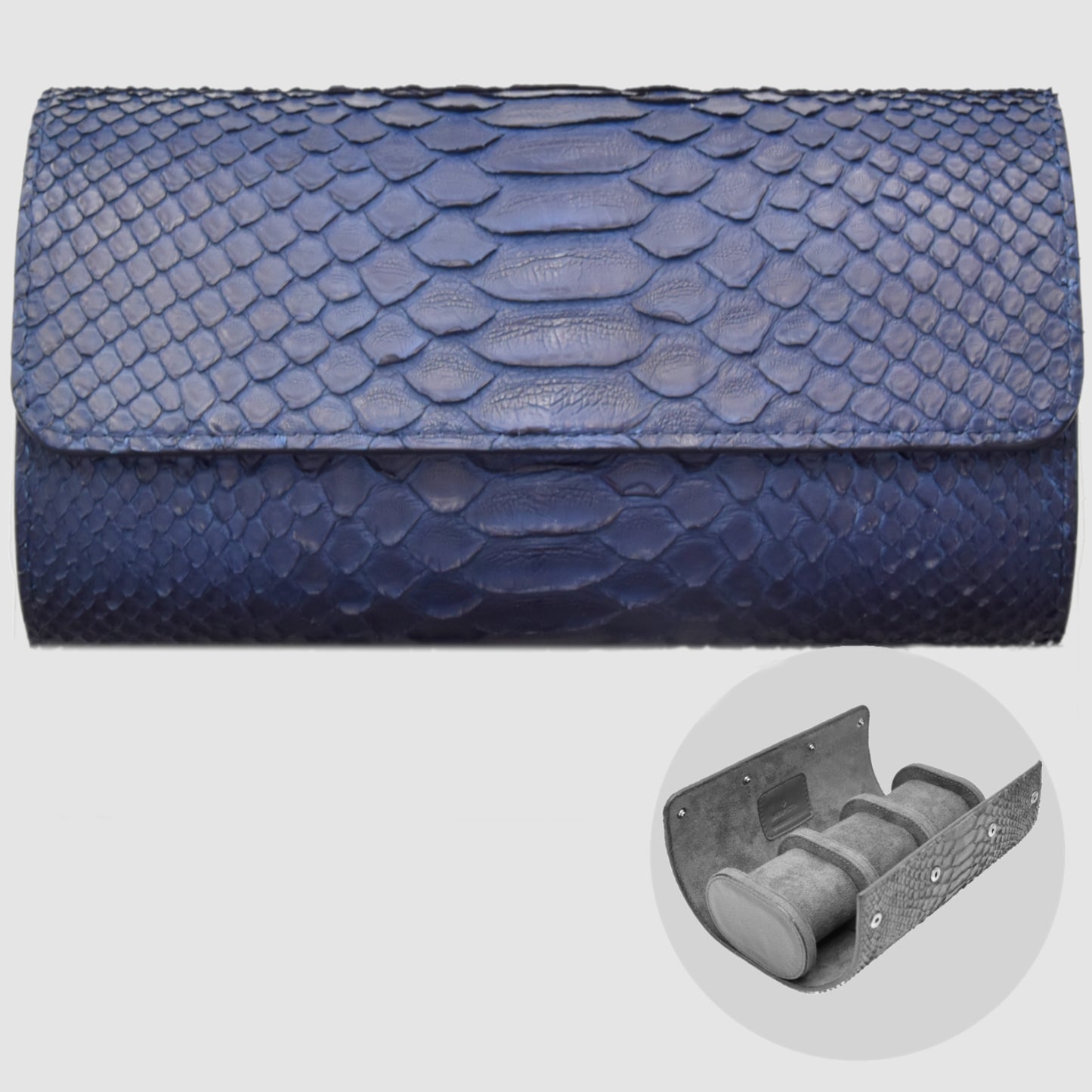 Portaorologio Watch Roll in Pelle di Pitone Blu Navy Personalizzato