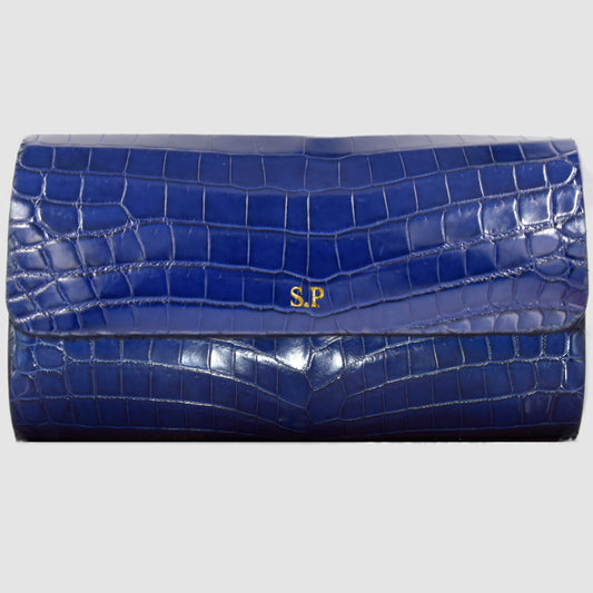 Customizable Genuine Crocodile Leather Watch Roll Watch Case for 3 Watches - Sapphire Blue