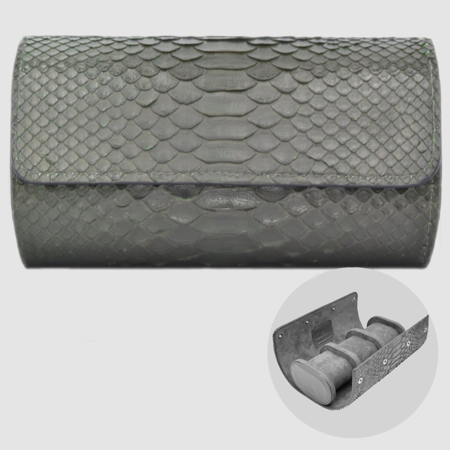 Customizable Watch Roll Watch Case in Genuine Python Leather for 3 Watches - Black