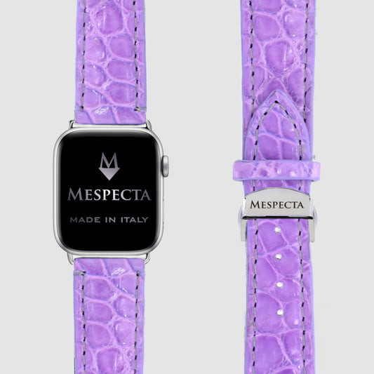 Cinturino Apple Watch Personalizzabile in Pelle di Coccodrillo Lilla – Personalizzabile (Ultra, Serie 4–10, SE)Ultra 2, Ultra, 10, 9, 8, 7, 6, 5, 4, SE in vera pelle di Coccodrillo Lilla