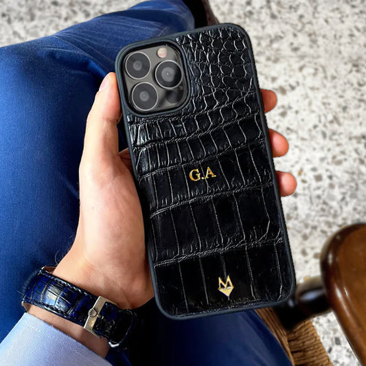 iPhone case 17 - 16 - 15 - 14 -13 - 12 in Black Crocodile skin