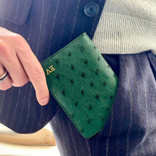 Porta carte Organizer tascabile in vera pelle di Struzzo Personalizzabile - 10 tasche - Verde Bosco