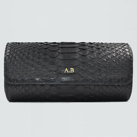 Customizable Watch Roll Watch Case in Genuine Python Leather for 3 Watches - Black