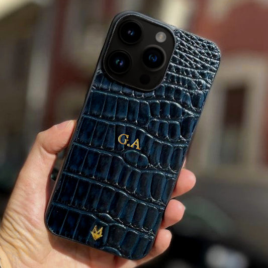 genuine Alligator skin iPhone case 17 - 16 - 15 - 14 -13 - 12 - Magsafe customizable - Navy Blue
