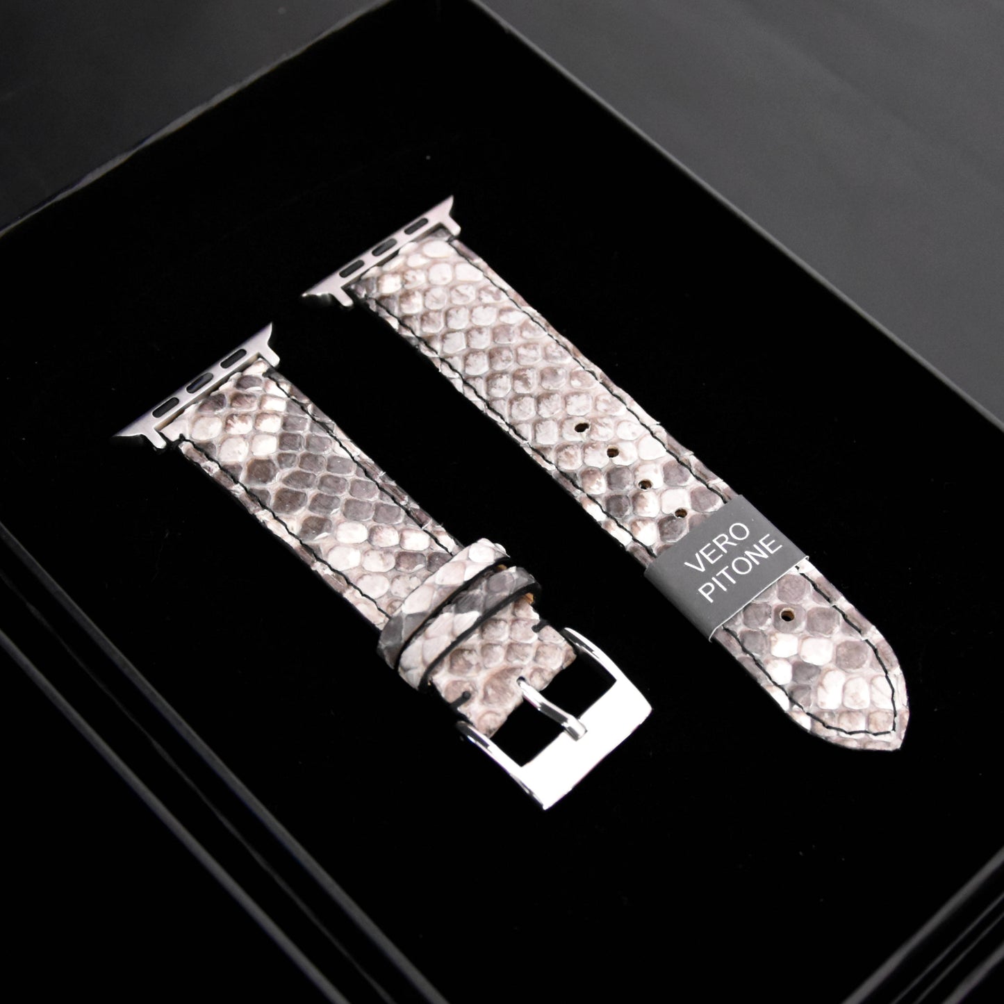 Cinturino Strap Band Apple Watch Personalizzabile serie 8, 7, 6, 5, 4, SE in in vero Pitone Bianco e Nero - MESPECTA Italia