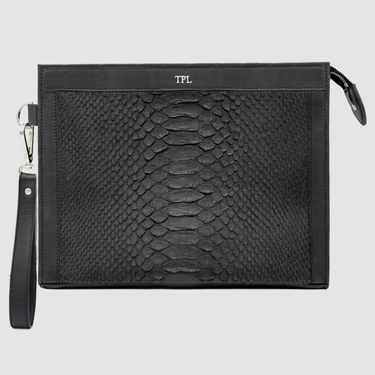 Pochette clutch borsello Uomo in vera pelle di Pitone - Personalizzabile con iniziali - Nero
