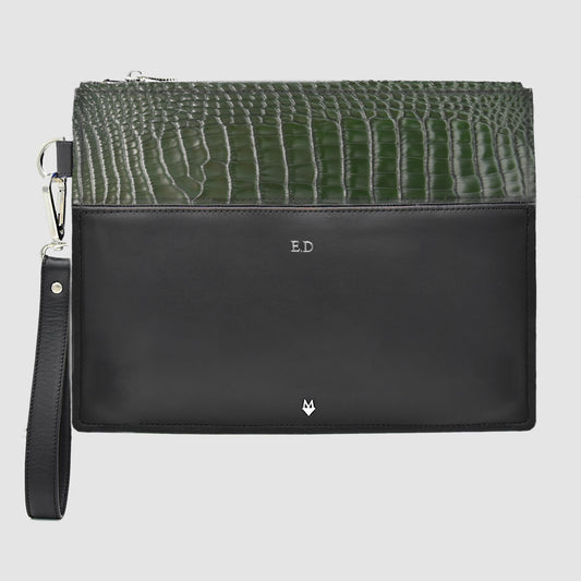Pochette Clutch borsello Uomo in vera pelle di Alligatore - Personalizzabile con iniziali - Verde Bosco