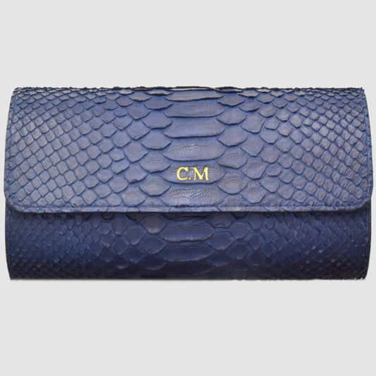 Watch Roll in genuine Python skin personalized for 3 Watches- Navy Blue