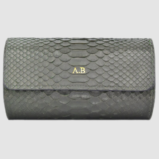 Watch Roll in genuine Python skin personalized for 3 Watches- Army Green