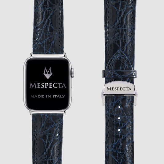 Cinturino Apple Watch in Pelle di Coccodrillo Blu Navy – Personalizzabile (Ultra, Serie 4–10, SE)