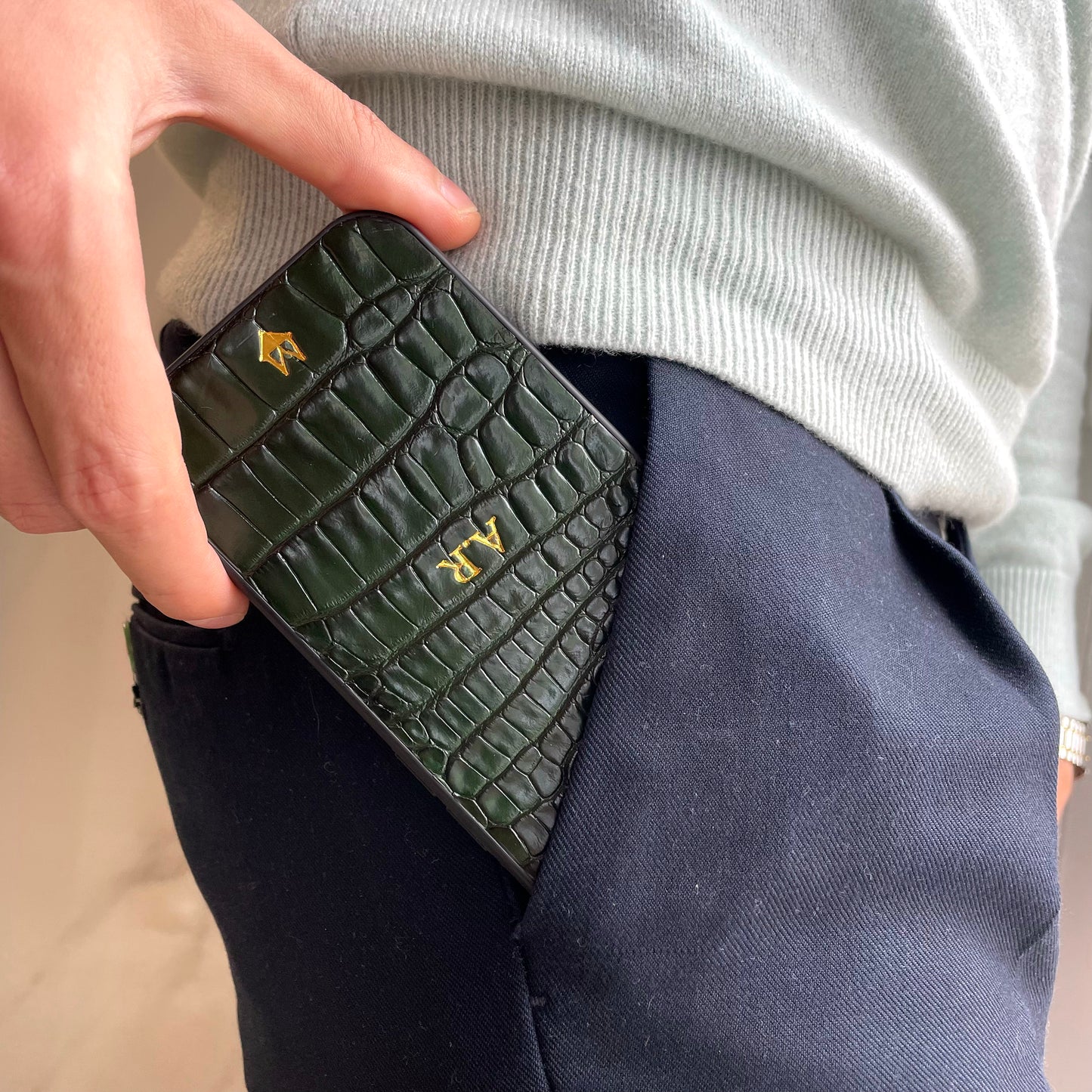 Cover in vera pelle di Coccodrillo iPhone MagSafe 17/16/15/14/13/12 Verde Bosco