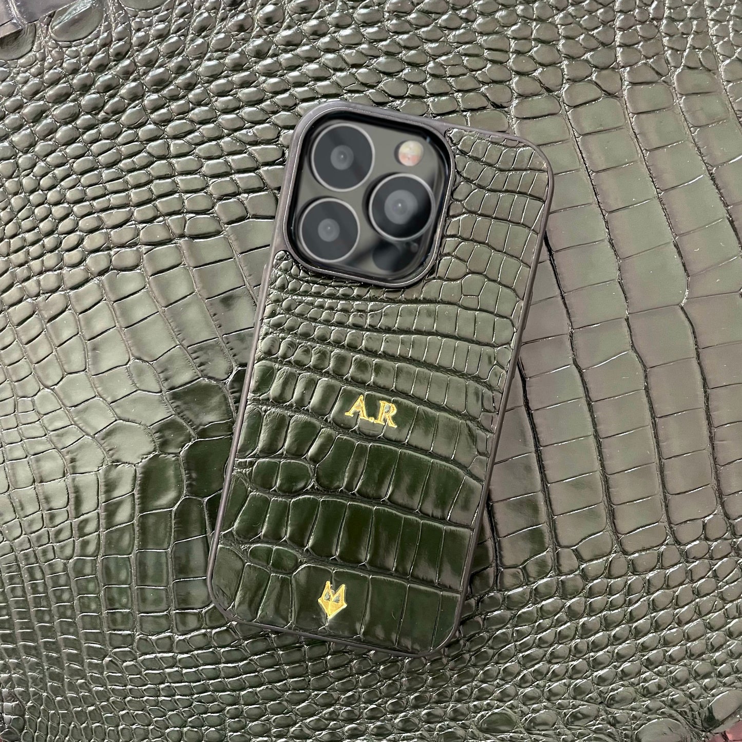 Cover in vera pelle di Coccodrillo iPhone MagSafe 17/16/15/14/13/12 Verde Bosco