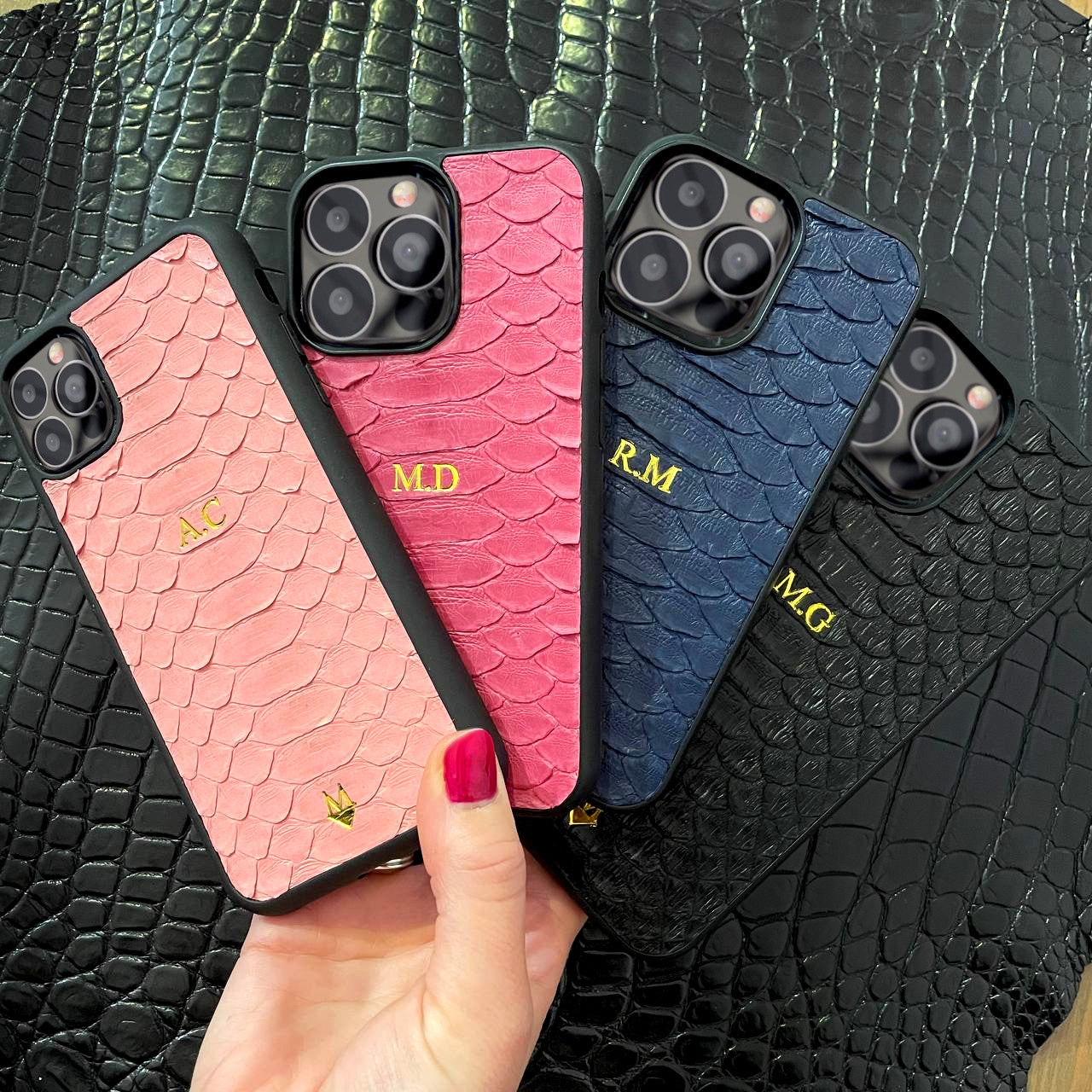 Cover in vera pelle di Pitone Personalizzabile iPhone MagSafe Blu Scuro