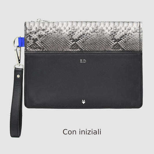 Pochette Borsa a mano Tablet Uomo in vero Pitone Personalizzabile Bianco e Nero - MESPECTA Italia