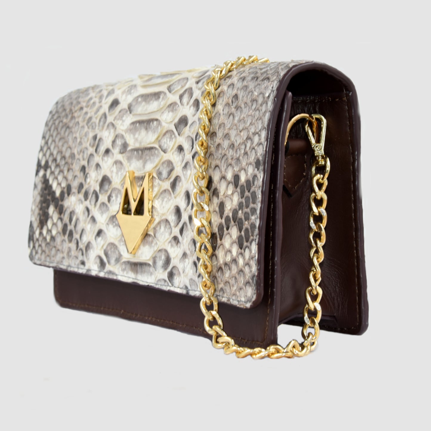 Pochette "Divina" Borsa in vera pelle di Pitone Bianco e Nero e pelle Marrone