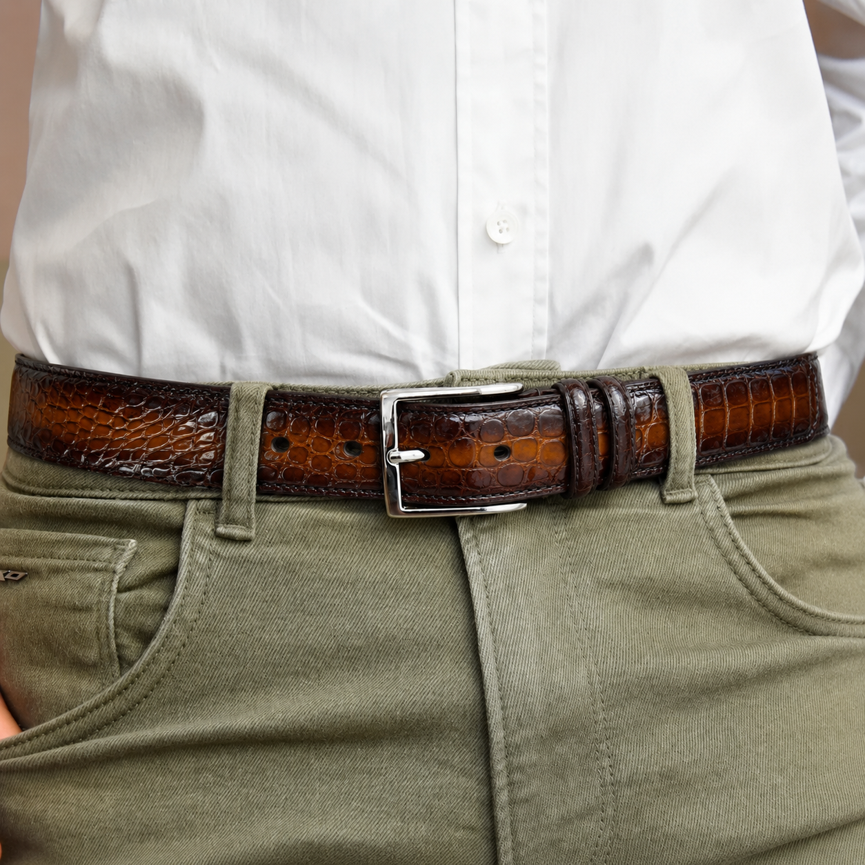 Cintura Uomo in vera pelle di Coccodrillo Cognac Sfumato