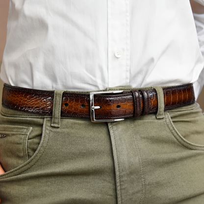 Cintura Uomo in vera pelle di Coccodrillo Cognac Sfumato