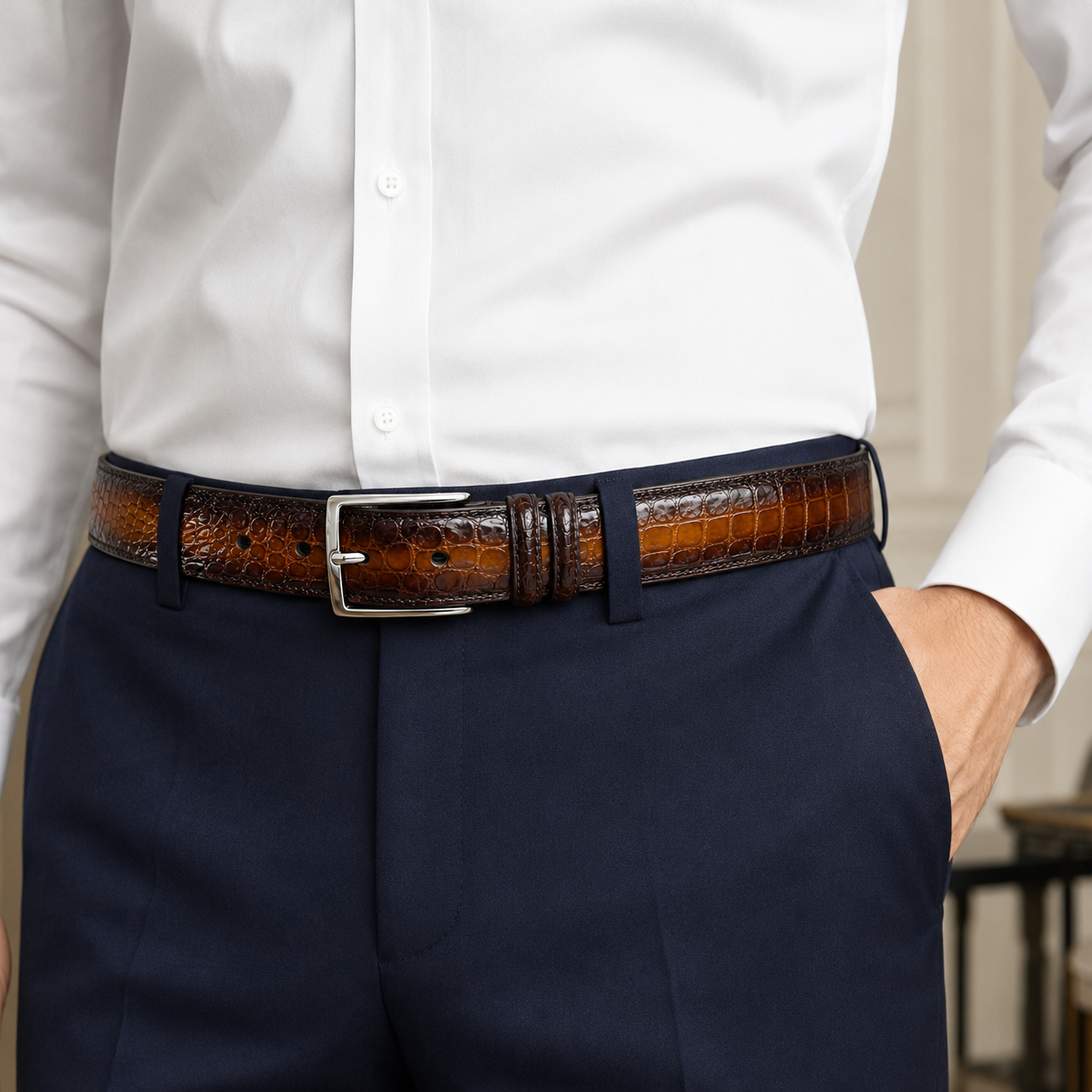 Cintura Uomo in vera pelle di Coccodrillo Cognac Sfumato