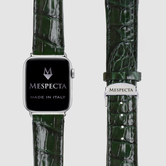 Cinturino Apple Watch in Pelle di Coccodrillo Verde bosco – Personalizzabile (Ultra, Serie 4–10, SE)