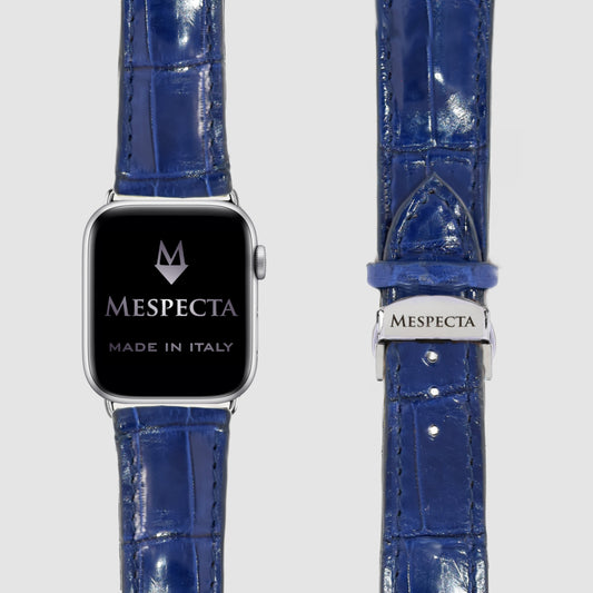 Cinturino in pelle Apple Watch Personalizzabile serie Ultra, 8, 7, 6, 5, 4, SE in vera pelle di Coccodrillo Blu Zaffiro