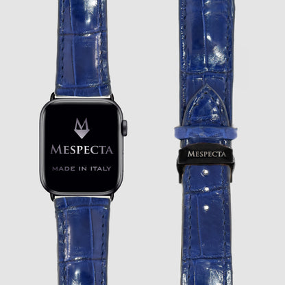 Cinturino in pelle Apple Watch Personalizzabile serie Ultra, 8, 7, 6, 5, 4, SE in vera pelle di Coccodrillo Blu Zaffiro