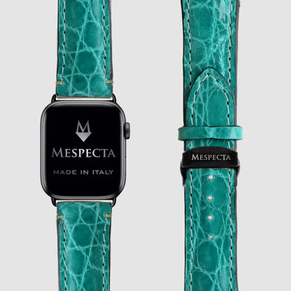 Cinturino in pelle Apple Watch Personalizzabile serie Ultra, 8, 7, 6, 5, 4, SE in vera pelle di Coccodrillo Verde Smeraldo