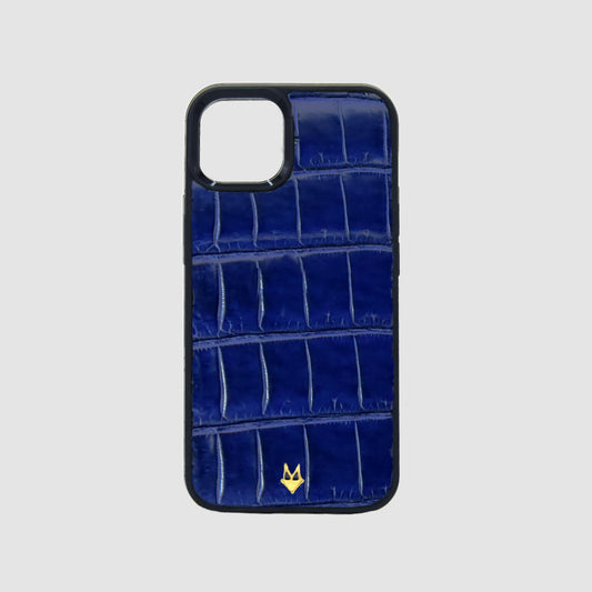 Customizable Case iPhone 14/13/12/11/XR in Sapphire Blue Genuine Crocodile Leather 