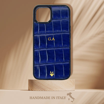 Customizable Case iPhone 14/13/12/11/XR in Sapphire Blue Genuine Crocodile Leather 