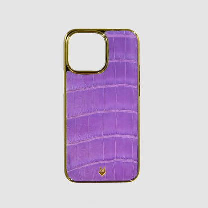 Customizable iPhone 14/13 cover in genuine Lilac and Gold Crocodile leather 