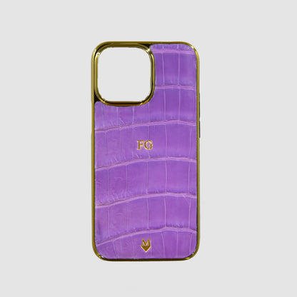 Cover in vera pelle di Coccodrillo iPhone - Personalizzabile - Lilla e Oro