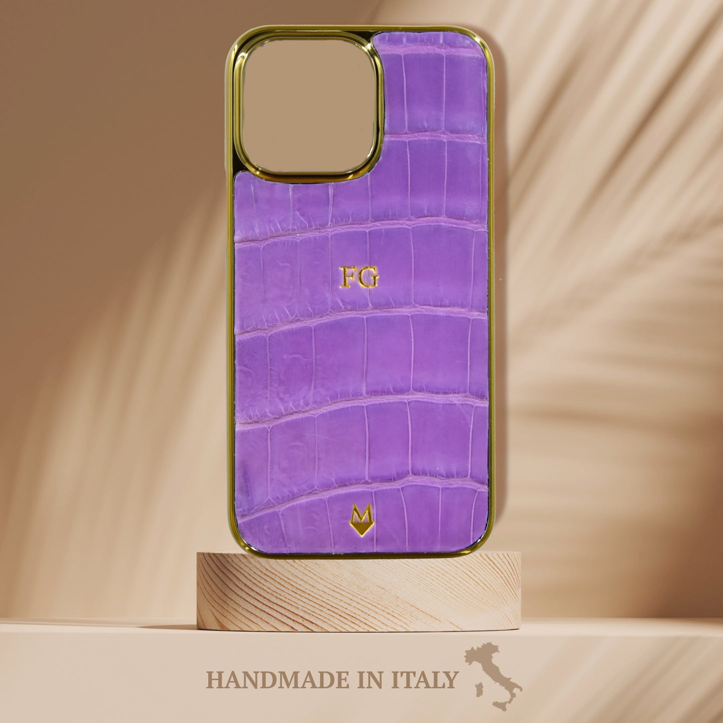Cover in vera pelle di Coccodrillo iPhone - Personalizzabile - Lilla e Oro