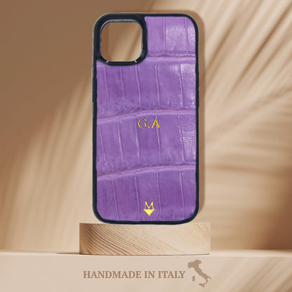 Cover in vera pelle di Coccodrillo iPhone MagSafe Personalizzabile Lilla