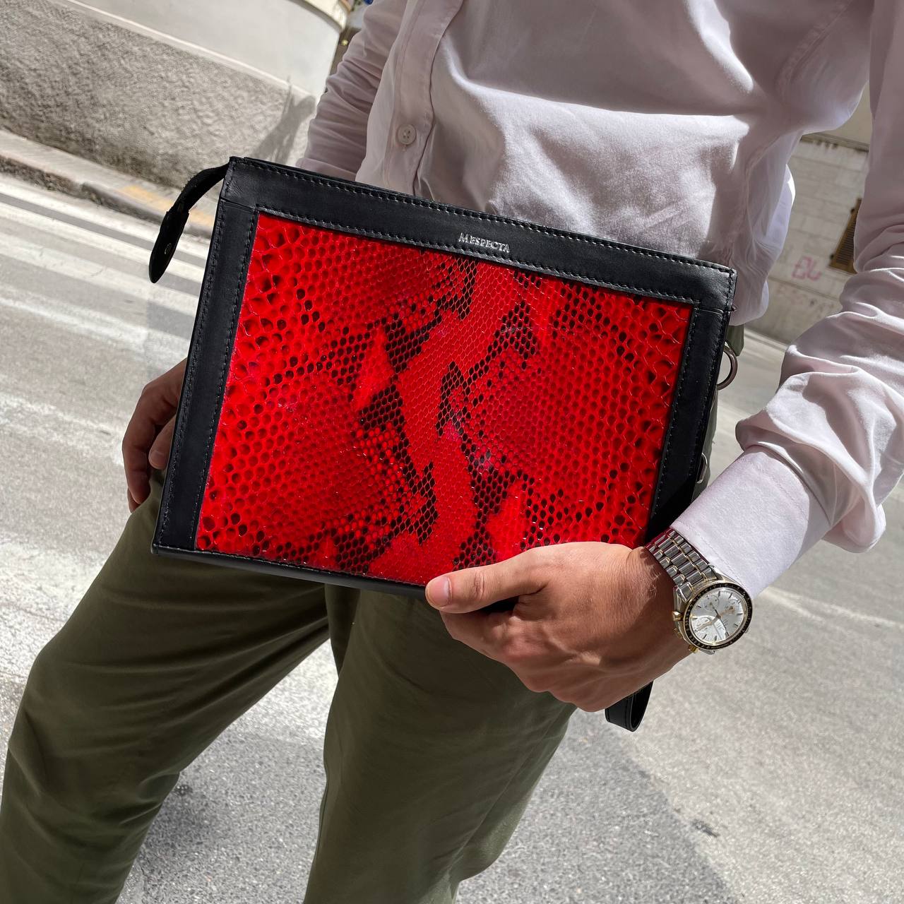 Pochette borsello Uomo Personalizzabile in vera pelle di Pitone Rosso