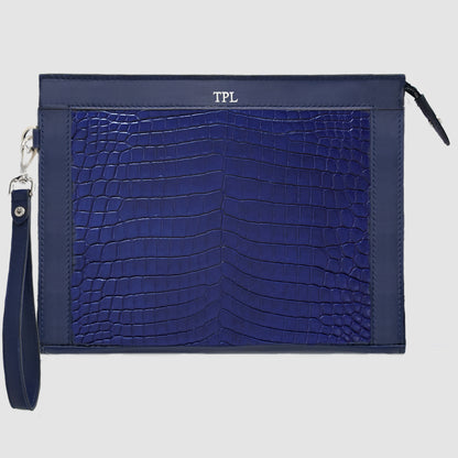 Pochette clutch borsello Uomo in vera pelle di Coccodrillo Personalizzabile con iniziali - Blu zaffiro