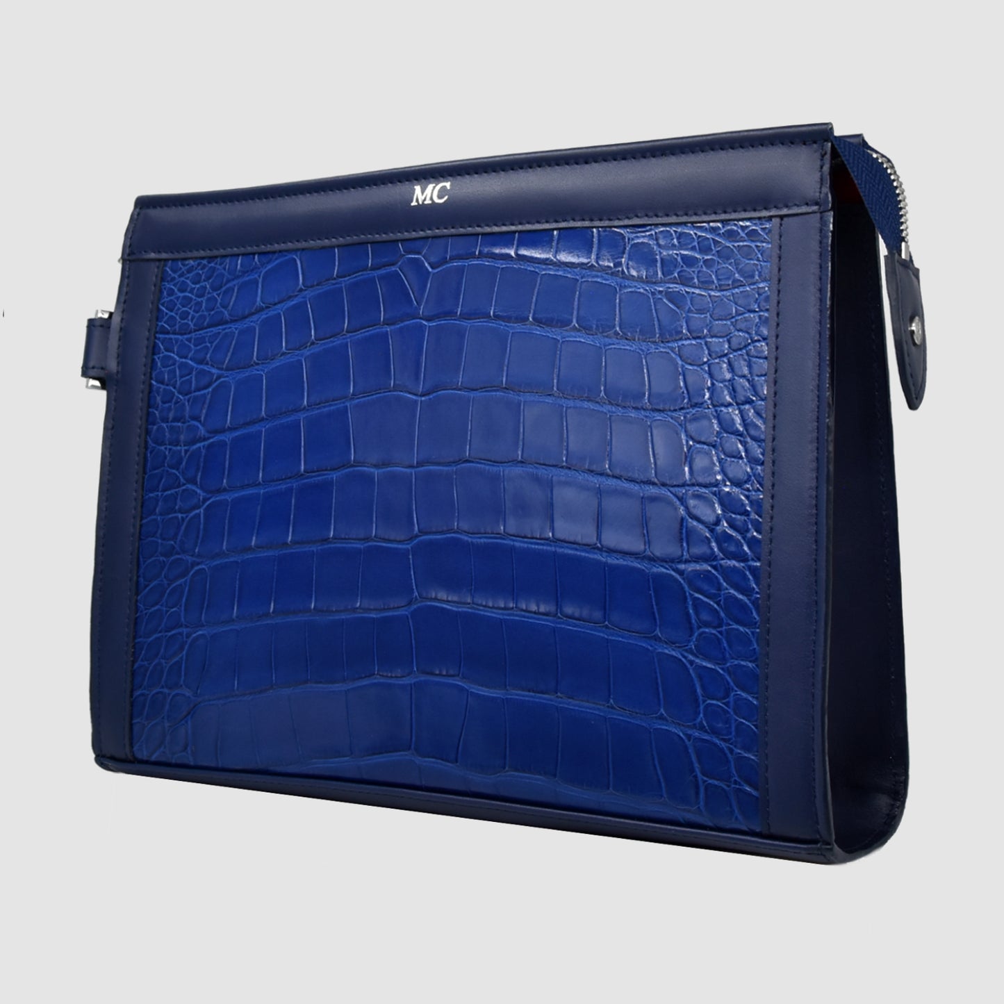 Pochette clutch borsello Uomo in vera pelle di Coccodrillo Personalizzabile con iniziali - Blu zaffiro