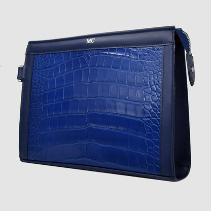 Pochette clutch borsello Uomo in vera pelle di Coccodrillo Personalizzabile con iniziali - Blu zaffiro