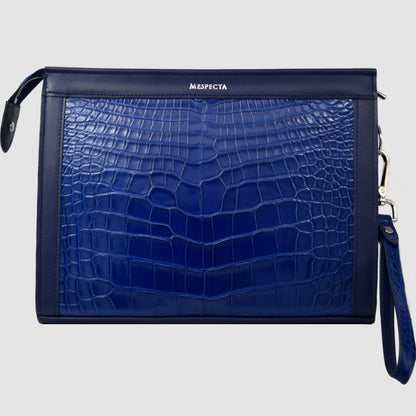 Pochette clutch borsello Uomo in vera pelle di Coccodrillo Personalizzabile con iniziali - Blu zaffiro