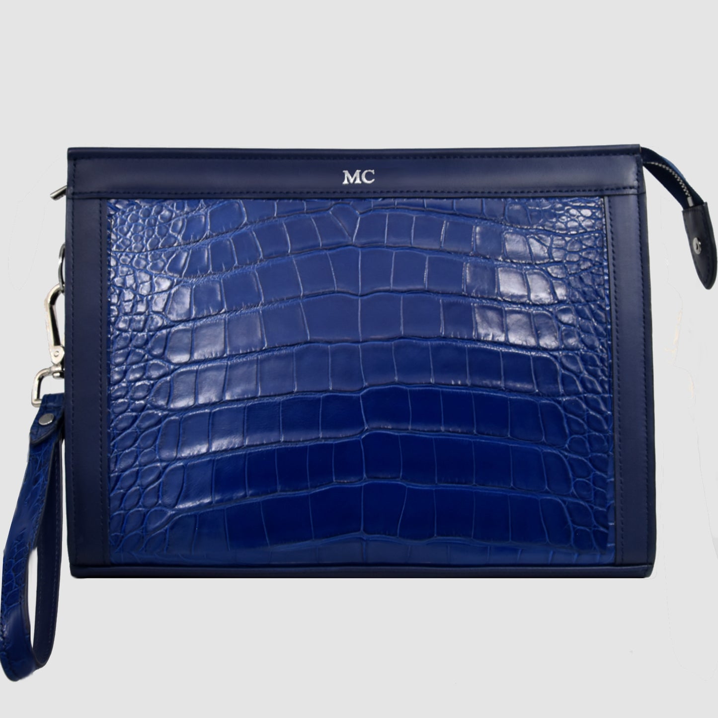 Pochette clutch borsello Uomo in vera pelle di Coccodrillo Personalizzabile con iniziali - Blu zaffiro