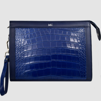 Pochette clutch borsello Uomo in vera pelle di Coccodrillo Personalizzabile con iniziali - Blu zaffiro