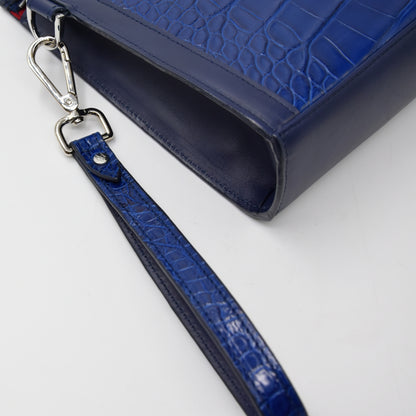 Pochette clutch borsello Uomo in vera pelle di Coccodrillo Personalizzabile con iniziali - Blu zaffiro