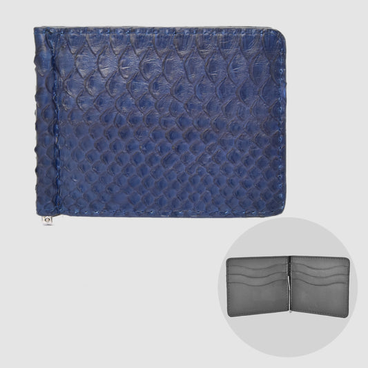 Customizable Wallet with Money Clip in Genuine Python Leather - Dark Blue 