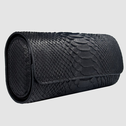 Portaorologio Watch Roll in Pelle di Pitone Nero Personalizzato 3 slots per 3 orologi