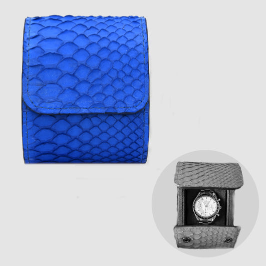 Custodia per Orologio Watch Roll in vera pelle di Pitone personalizzabile - Blu cobalto