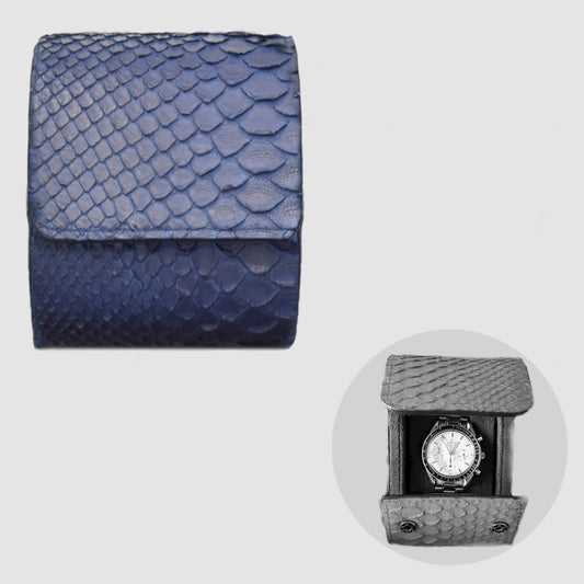 Custodia per Orologio Watch Roll in vera pelle di Pitone personalizzabile - Blu scuro