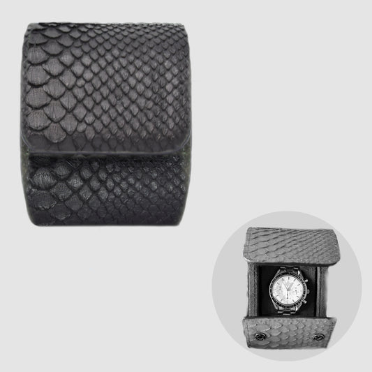 Customizable Watch Roll case in genuine python leather - Black 